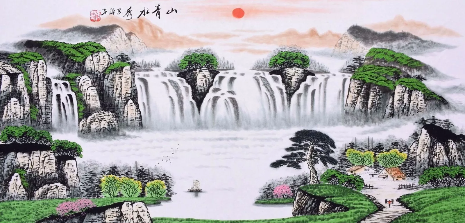 Home Barca - ARTE ASIANA Original Pintura Chinesa, Cachoeira